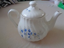 Vintage Swirl Design English White Teapot with Little Blue flowers Motif