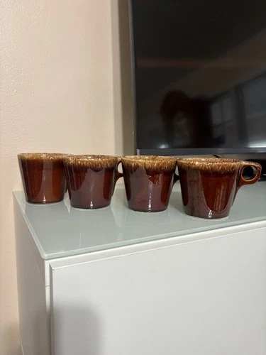 Vintage Hull Pottery Oven Proof USA Coffee Mug Tea Cup Brown Drip Glaze Set Of 4