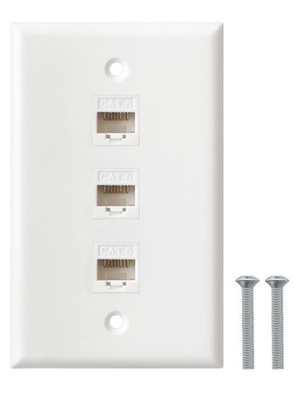3 Port Cat6 RJ45 Ethernet Wall Plate Keystone Inline Coupler White Outlet Jack