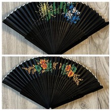 Set of 2 Antique Hand Painted Black Satin Folding Hand Fans w/ Bamboo S Wood