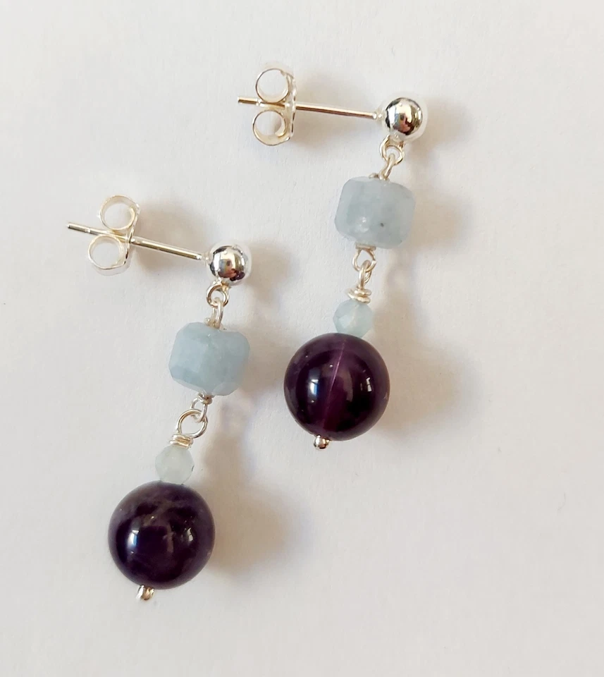 Orecchini in argento 925 pietre acquamarina a cubo e ametista idea regalo Natale - Immagine 4 di 4