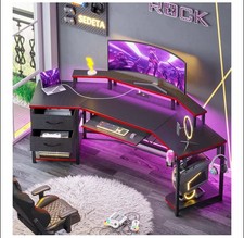 79" Gaming Desk, Computer Desk with 2 Fabric Drawers  LED Light