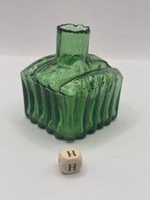 Old green glass ink bottle, inkwell, penny ink (H)