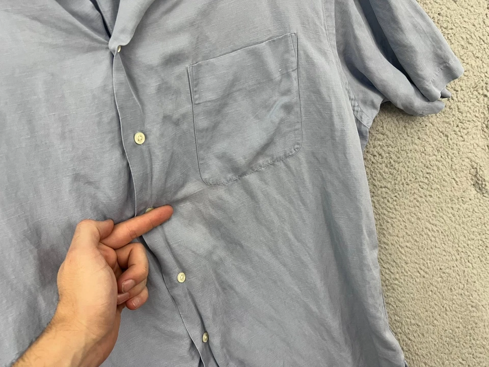 Camisa Polo Ralph Lauren Caldwell Para Hombres Grande Azul Seda Lino Cuello Lazo Campamento De Colección Foto 3 de 4