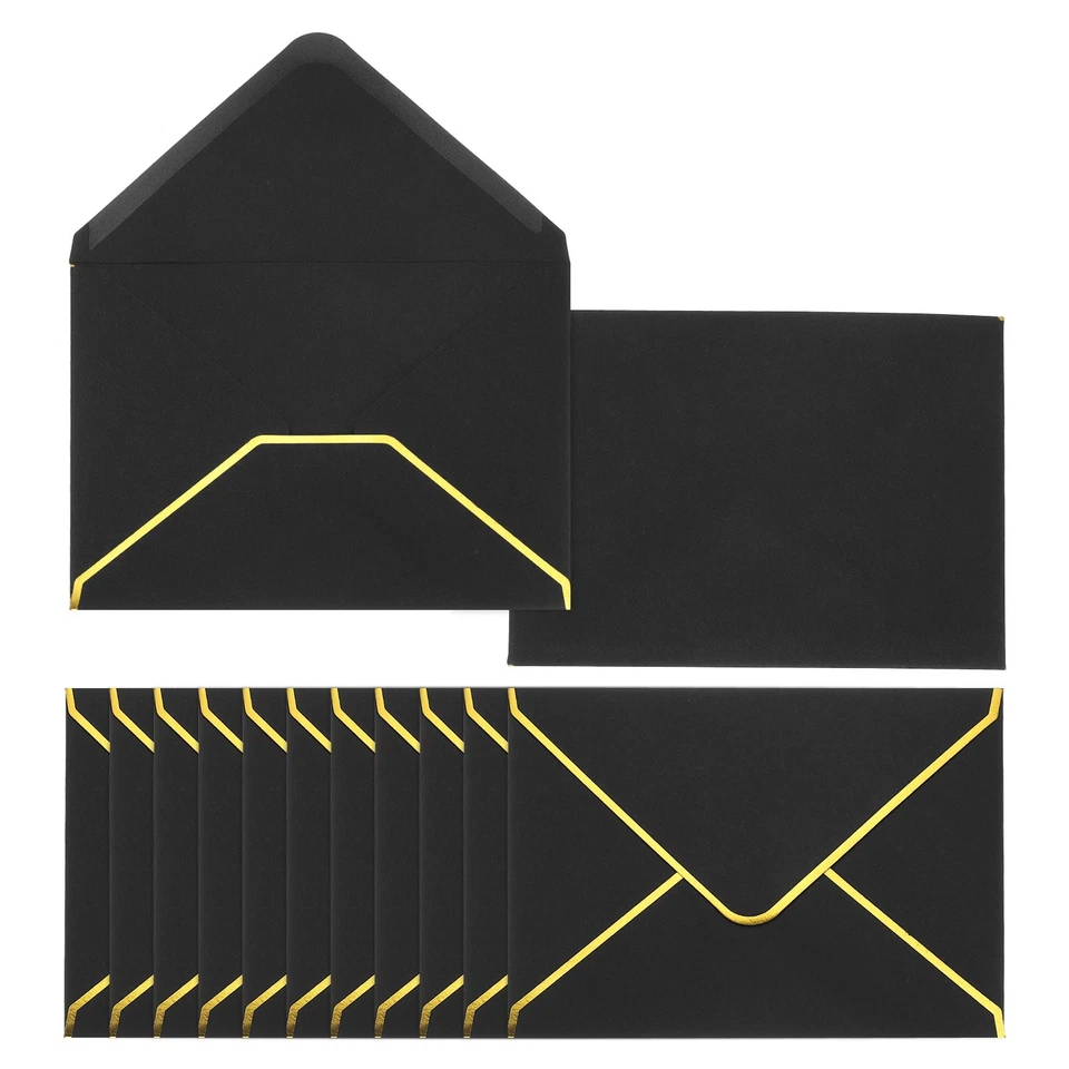 Enveloppe A6 100pcs pour cartes 4x6 bords ronds avec liseré or, noir - Photo 1/4