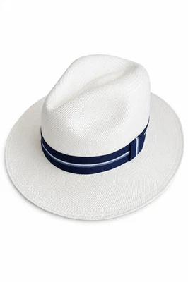 Véritable Chapeau Panama Fedora LARGE, Blanc, Ruban Marine, fait main, été plage - Photo 1/3