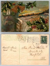 1907 Embossed German Christmas Postcard Bells Holly Frohliche Weihnachten