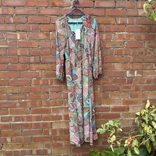 SHOL Los Angeles Boho Maxi Dress Floral Print Turquoise Long Sleeve 8 BNWT