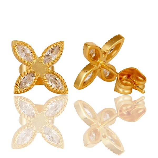 Four Leaf Style Stud Earrings in Gold Plated With CZ Zircon Gift For Daughter's - Image 3 of 4