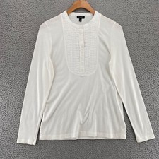 Talbots Top Womens Medium Petite White Tuxedo Pleated 1/2 Button Up Long Sleeves