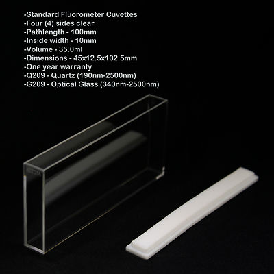 Azzota 100mm Pathlength Standard Fluorometer Cuvette, 35ml Quartz, 4 sides clear