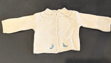Antique Knit Baby Doll Cardigan Sweater Blue Flowers Shower Gift Doll Vintage