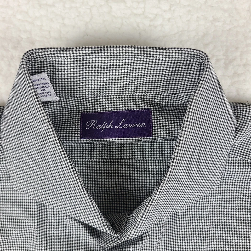 Camisa social masculina Ralph Lauren etiqueta roxa 16.5 34/35 preta branca com botões - Imagem 4 de 4