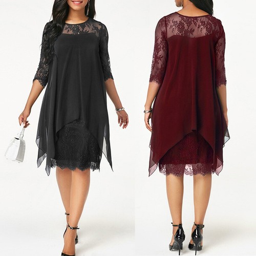 Womens Lace Chiffon Midi Dress Ladies Evening Party Dresses Ball Gown Plus Size - Picture 3 of 9