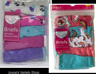 Girl's 5 Pack Briefs Underwear 100% Cotton Many Sizes Unicorn or Panda 