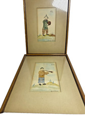 2 Vintage Framed Chinese Watercolor Postage Stamp Collage Art Signed 9.5" x 7"