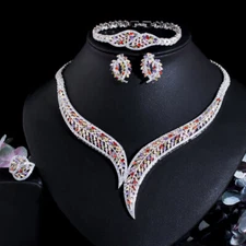 Silver Plated Multicolored CZ Leaf Necklace Earrings Bracelet Ring Jewelry Set 