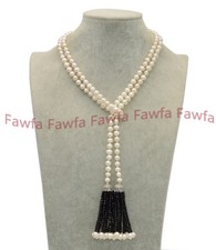 7-8mm Natural White Freshwater Pearl  3mm Black Spinel Tassels Necklace 50"