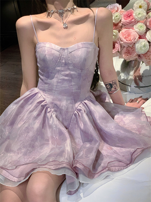 Summer Mini Dress Women French Vintage Fairy Chiffon Dress Tie Dye