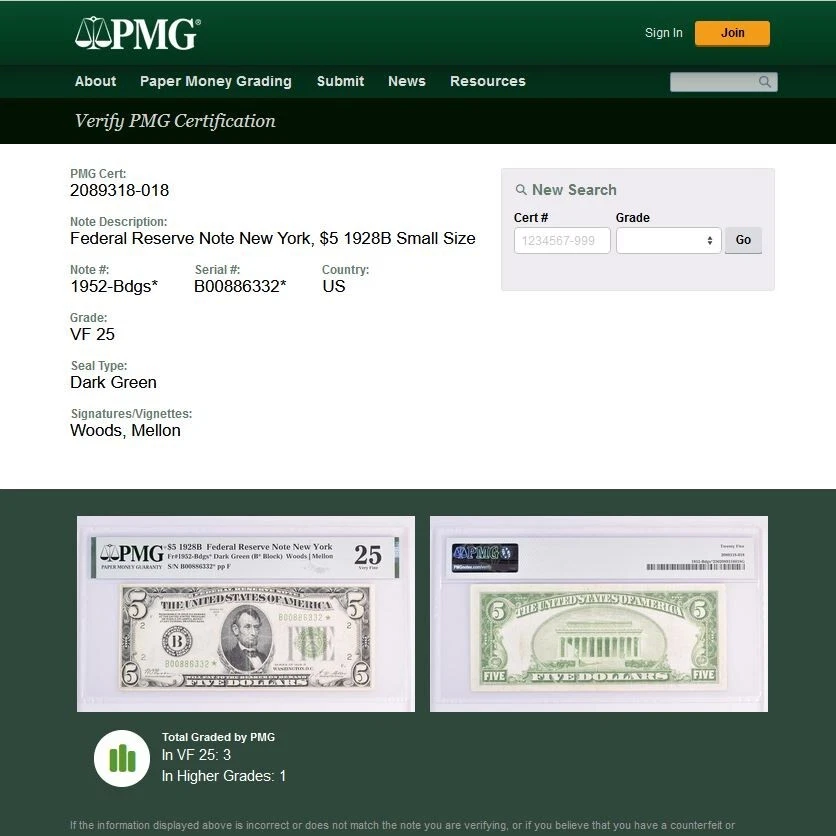 1928B $5 Federal Reserve Note PMG 25 total 5 known New York star Fr 1952-Bdgs* - Image 2 of 4