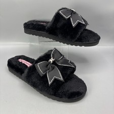 Juicy Couture Slide Slippers Womens 11-12 Black Faux Fur Rhinestones Bow Slip On