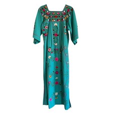 Vtg 70s Mexican Embroidered Floral Turquoise Maxi Dress Huipil Oaxaca Folk M/L