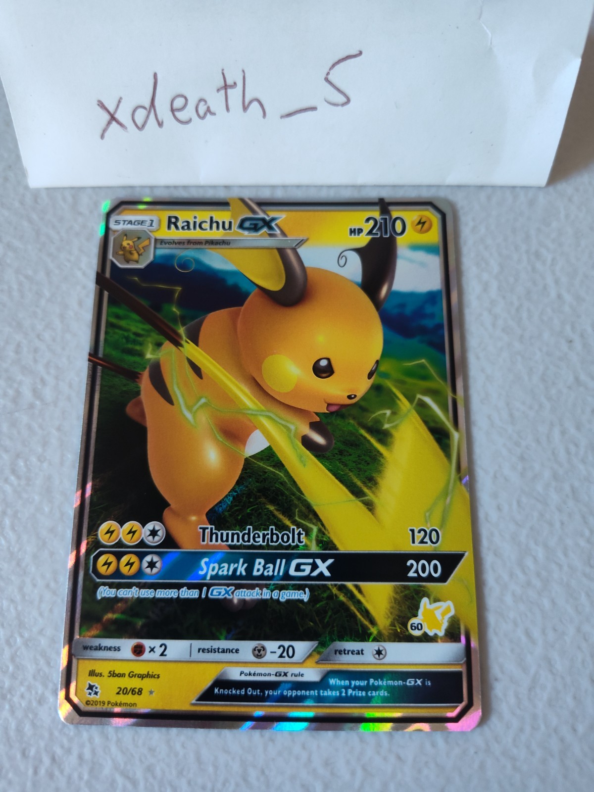 Raichu GX 20/68 Pikachu Stamped #60 Battle Academy Rare Holo Hidden Fates LP