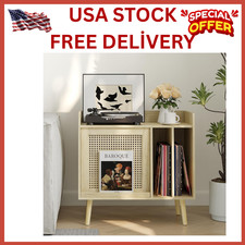 Record Player Stand with Vinyl Storage, Record Player Table with Rattan Cabinet