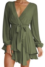 Women's Dress Deep V-Neck Long Sleeve Ruffle Mini Swing Skater Dresses XL