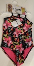 Hurley One Piece Youth Girls Swimsuit Size 5/6 UPF 50 Black/Hyper Pink Floral