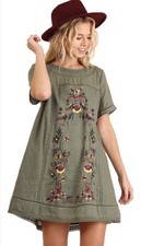 Umgee Women's Large Bohemian Embroidered Short Sleeve Dress or Tunic (Olive)
