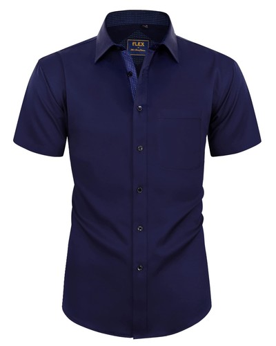 Mens Short Sleeve Dress Shirts Wrinkle Free Solid Casual Button Down Shirts w...