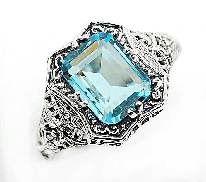 2CT Aquamarine 925 Sterling Silver Filigree Ring Jewelry Sz 7 