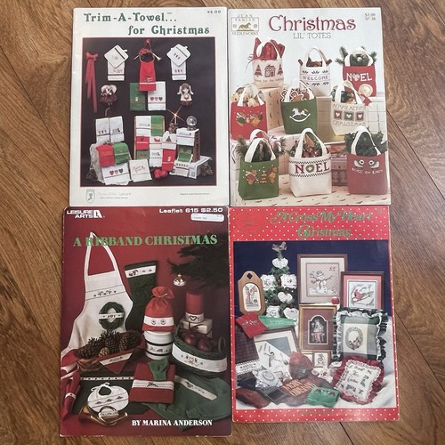 Set Of 4 Vintage Christmas Cross Stitch Project Pattern Books Holiday Goose Incl