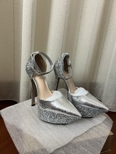 Scarpe donna plateau pelle sintetica cinturino tacchi Argento Brillantini