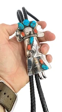 NATIVE AMERICAN STERLING SILVER TURQUOISE CORAL LARGE KACHINA BOLO TIE #SHLF