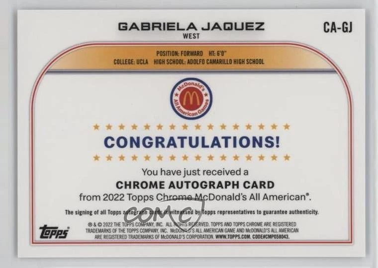 2022 Topps Chrome McDonald's All American Gabriela Jaquez #CA-GJ Auto - Image 2 of 2