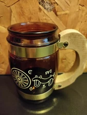 Siesta Ware 70's Wild West Cowboy Wagon Wheel Ambor Glass Wood Handle Beer Mug