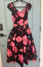 Vintage 1980s Laura Ashley Great Britain Black Pink Floral Dress Full Skirt 8