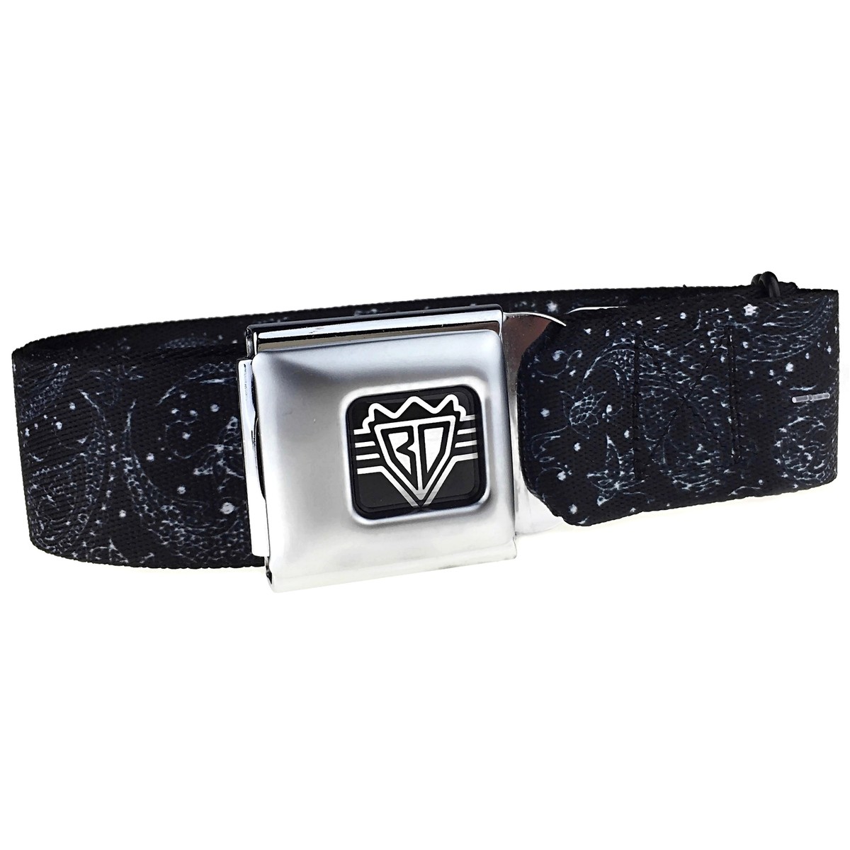 Mens Black & White Paisley Print Design Seatbelt Style Belt Buckle