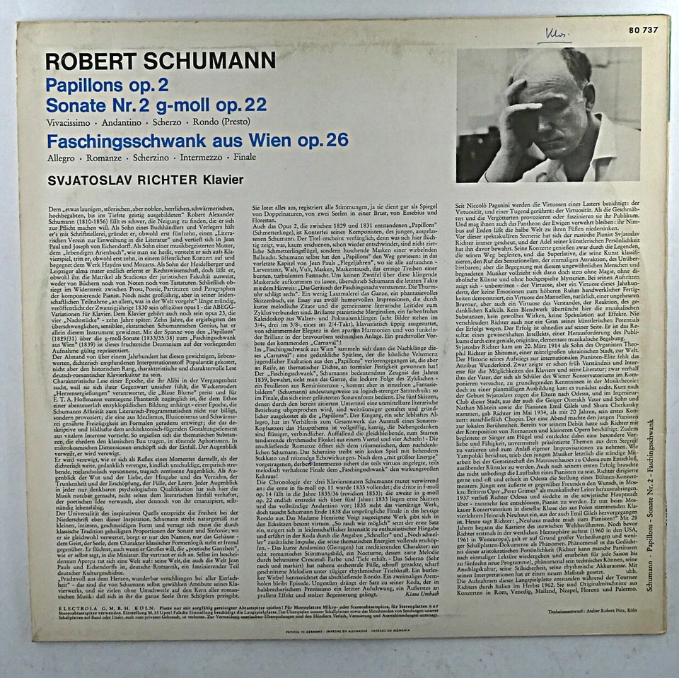 Lp Schumann Svjatoslav Richter– Papillons, Sonate Nr. 2 G-Moll, Faschingsschwank - Bild 2 von 3
