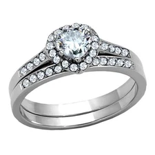 Women's Halo Heart Shaped CZ Stainless Steel Wedding Ring Band Set Size 5-11