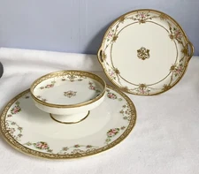 Set Vintage Hand Painted Nippon Porcelain 2 Tier Hors D’oeuvre Plate, Serving Di