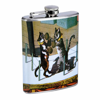 Vintage Cat Hip Flask D19 8oz Stainless Steel Collectible Old Fashioned Image 