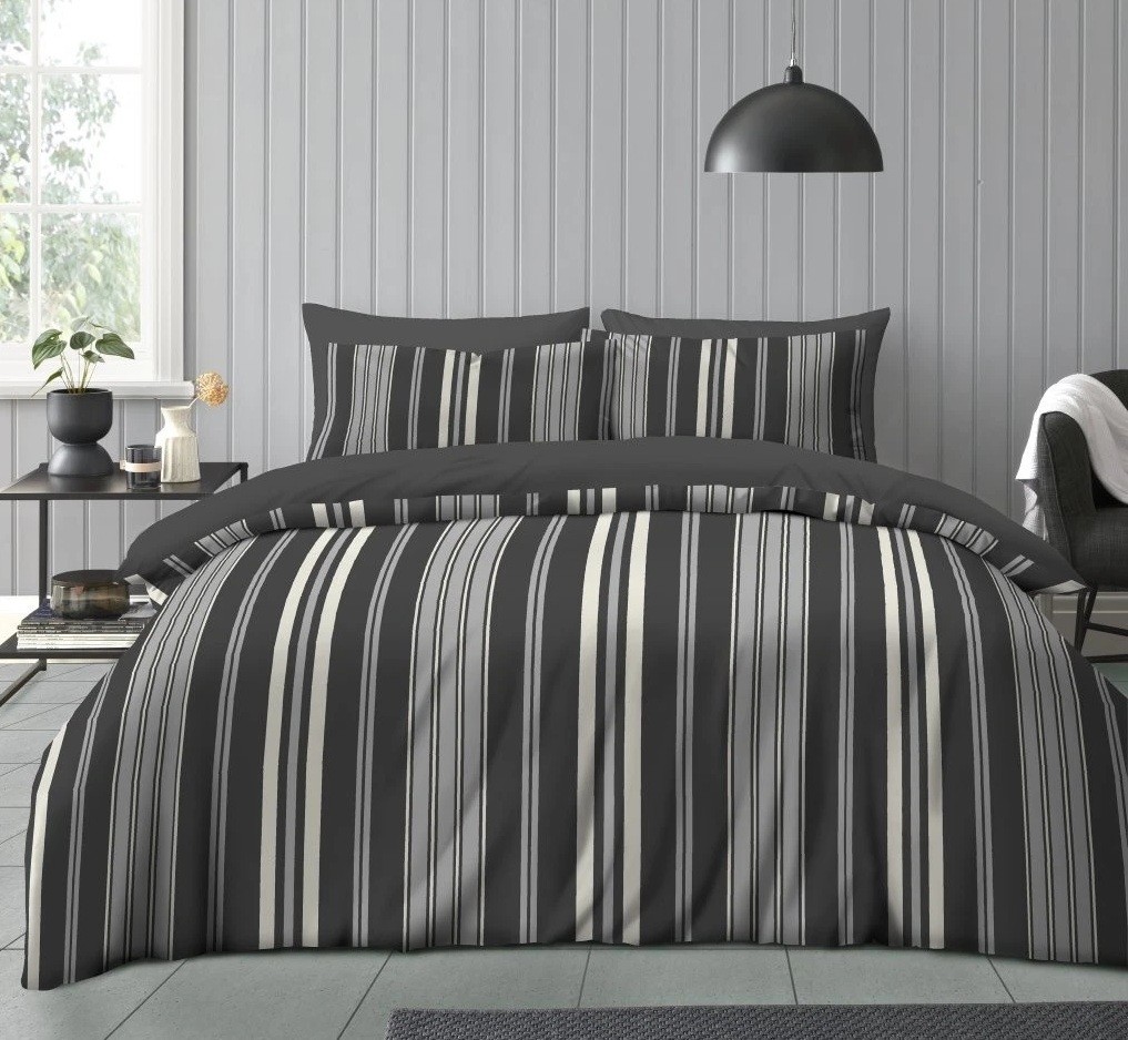 Junie Striped Duvet Cover King Quilt Cover Bedding Bed Linen Set Black & Grey