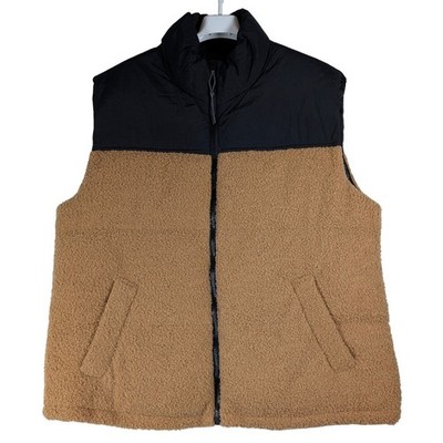 Wild Fable Sherpa Puffer Vest Brown Fleece Black Full Zip Up Women s Size L NWT