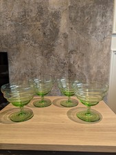 Glass Antique Champagne Coupes Green Ribbed Deco Style 4 Retro Vintage Set