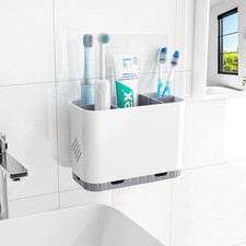 Wall Mount Toothbrush Holder Organizer 5 Slot w Drain Bathroom Counter