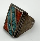 Men's Sterling Silver Native Ring Turquoise & Coral Inlaid Size 10.5 Vintage 9g