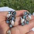 VTG 1950's Lisner Silver tone Blue Rhinestone Baby Tooth Pearl Clip on Earrings